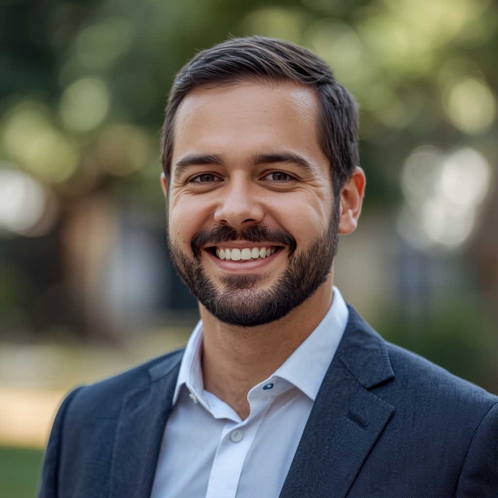 Portrait of a smiling man, business casual, outdoor background, soft lighting, photorealistic